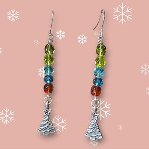 Festive Handmade Silver Christmas Tree Earrings with Multicolor Beads